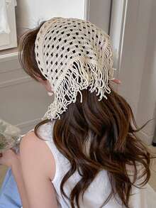 Knitted Hollow Triangle Scarf Headband, Minimalist Niche Fashion Casual Headpiece - White - View 1