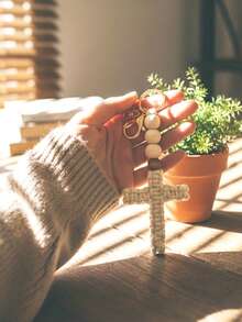 1/2/4pcs Handmade Macrame Cross Keychains With Wooden Beads, Suitable For Women, Ideal As Baptism Guest Gifts, Handcrafted Cross Keychain Gifts, Boho Style Woven Cotton Rope Keychains With Wooden Beads, Christian Baptism Easter Birthday Religious Gifts, Communion Confirmation Party Decor Religious Souvenirs - Multicolor - View 9