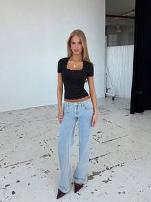 Women T-Shirt, Square Neck Short Sleeve Lace Trim Slim Fit Summer Tops For Casual Daily - màu đen - Xem 4