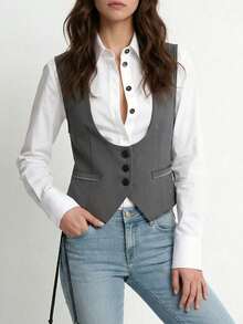 Women's Casual Lightweight Commuter Shirt, Layered With Slim Fit Single-Breasted Sleeveless Blazer - Grey - View 3