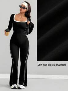 AITYI Studio 女士连体裤，时尚设计，户外街头镂空U领撞色织带设计，运动健身塑形修身性感舒适Y2K风格，适合日常通勤、优雅派对、假日、独立日、返校季、情人节、骄傲月、狂欢节、音乐节等场合，2026春季新款舒适针织喇叭裤连体裤 - 黑色 - 查看 3