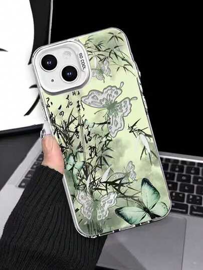 1pc Colorful Silver Bamboo & Butterfly Anti-Drop Full Coverage Phone Case Compatible With IPhone 11/12/13/14/15/16/17/Pro Max