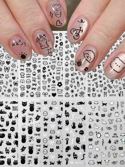 1pc Cartoon Black Cat Nail Stickers Kawaii Puppy Kitten Nail Art Decals Adhesive Kids Manicure Decoration Nail Supplies
