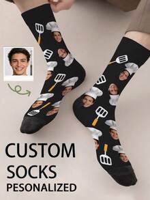 1 Pair Customized Boat Socks With Bow Tie Pattern, Personalized Face Design, Couples Socks, Custom Photo Socks, Custom Printed Socks, Personalized Funny Face Pattern Socks, Custom Image Socks, Any Design Can Be Printed On Socks, Anniversary Gift, Valentine's Day Gift, Birthday Gift - Black - View 2