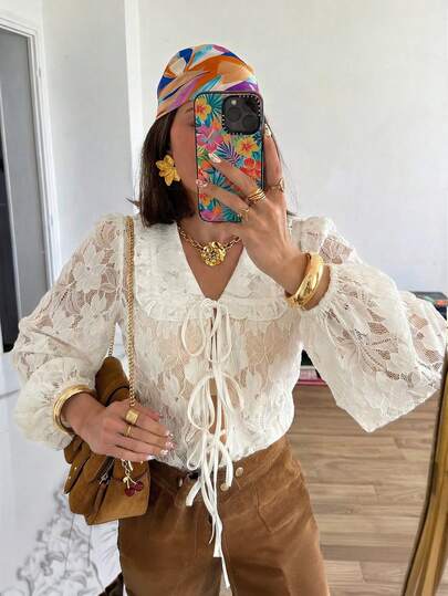 ملابس علوية نسائية كاجوال بأكمام طويلة من قماش الدانتيل والجاكار بربطة عقدة أمامية، طوق بيتر بان، شبه شفافة، للاستخدام الصيفي والربيعي، لحفلات العطلات والشاطئ، قطعة أنيقة