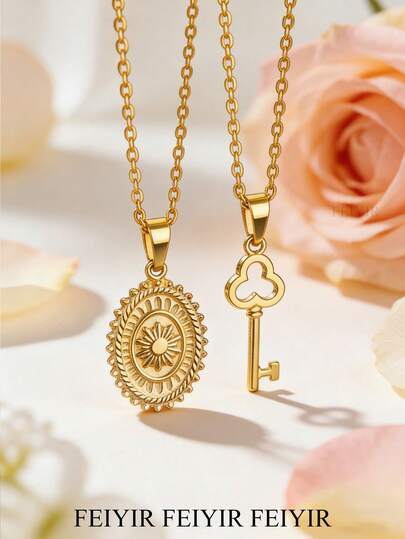 复古太阳与四叶草钥匙不锈钢项链，适合女性/妈妈佩戴，18K镀金防褪色吊坠项链/颈链，婚礼首饰配饰，情人节礼物，送给女儿/妈妈/闺蜜