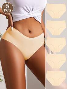 5pcs/Pack Women's Seamless Silky Soft Briefs, Solid Color Comfortable Stretchy Briefs, Suitable For Intimate Wear And Daily Use - Apricot - View 2