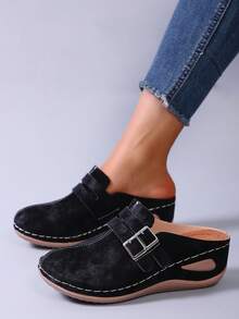 Women's New Round Toe Casual Style Double Buckle Decor Design, Comfortable & Versatile, Black, Retro Platform Slip-On Loafers - Black - View 5