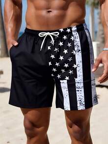 Men's Quick-Dry Flag Print Elastic Waist Drawstring Casual Shorts, Suitable For Summer Vacation, Beach, Pool, Outdoor Sports, Daily Wear, 4th Of July, Recommend Sizing Up For Loose Fit - Black and White - View 2