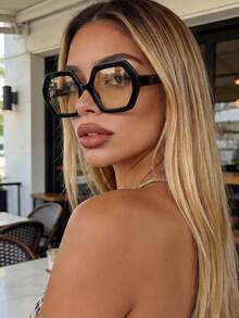 复古几何镜框大框时尚眼镜，适合大脸，时尚塑料休闲装饰日常佩戴，女士时尚眼镜 - 黑色 - 查看 1