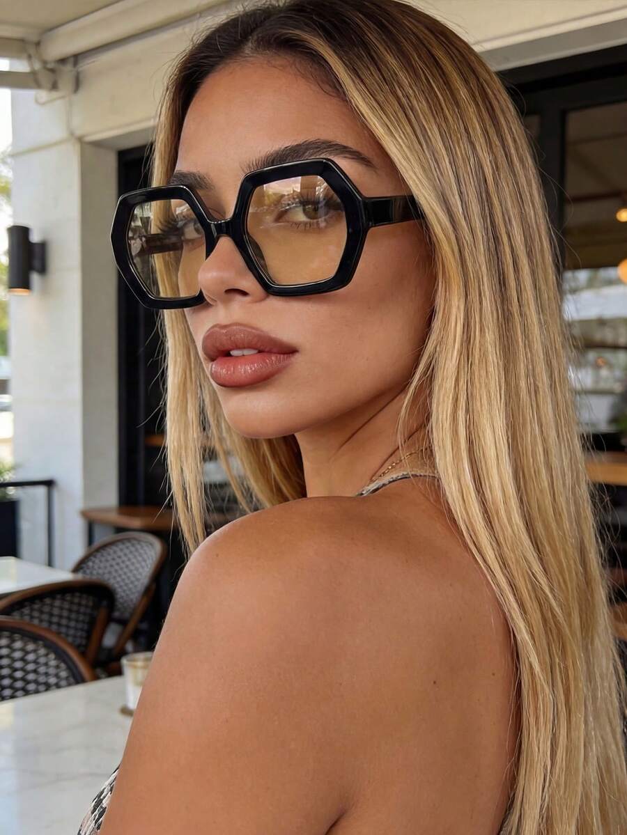 复古几何镜框大框时尚眼镜，适合大脸，时尚塑料休闲装饰日常佩戴，女士时尚眼镜 - 黑色 - 查看 1