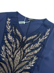 UNITHORSE Plus Women's [Random Cut] V-Neck Batwing Sleeve Long Luxury High-End Elegant Sequin Lace Splice Matte Satin Women Robe Dress - Navy Blue - View 9