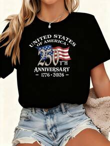 Women 250th Anniversary American Flag Tee, 1776-2026 250 Years Independence 4th Of July Casual Crew Neck Short Sleeve Graphic T Shirt - 黑色 - 查看 7