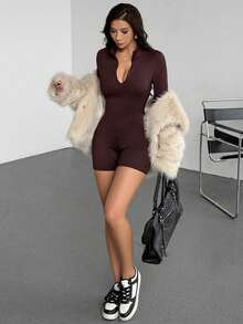 AITYI Studio Damen Romper, gut sitzend, lässig & bequem, Stehkragen, Bodycon, Shapewear, modisch & sexy, figurbetonend, für Outdoor, Sport, Party, Abschluss, Weihnachten, Neujahr, Thanksgiving, Herbst/Winter Stretch Strick Langarm Romper - Kastanienbraun - Übersicht 6