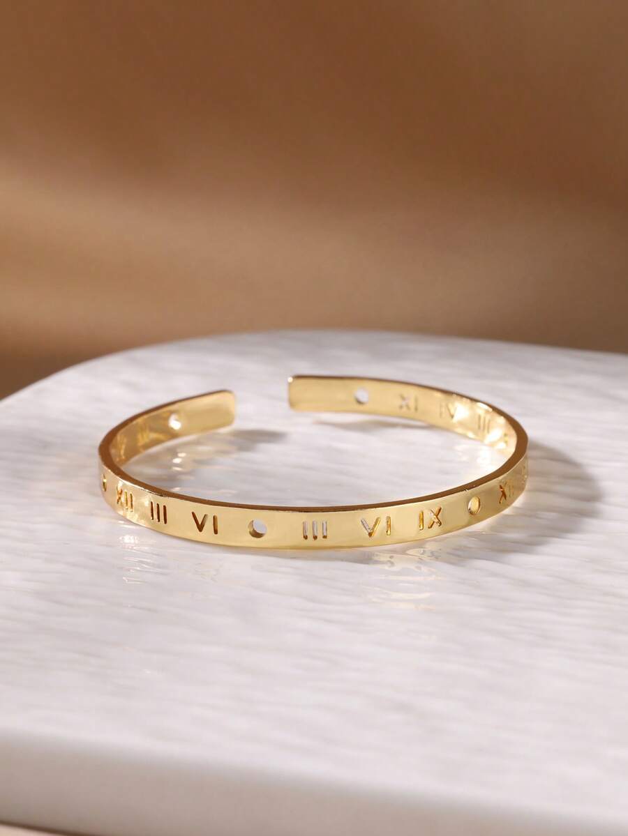 1 pieza Brazalete de mujer de acero inoxidable con números romanos huecos de color dorado, diseño geométrico abierto, joya de boda como regalo - Amarillo Oro - Ver 1