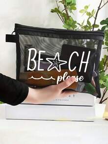多色防水時尚網格海灘包，印有「Beach Please」彩色圖案、海灘主題、海星與波浪圖案。大容量透明化妝包，尼龍拉鍊盥洗包，輕巧，可裝防曬乳、零食、比基尼和海灘必需品。多色可選 - 彩色 - 查看 5