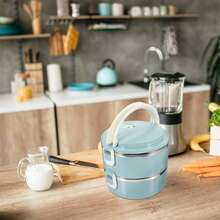 1400ML Double Layer Bento Box Stainless Steel Insulated Lunch Box With Lids And Handles Portable Stackable Metal Round Food Containers For School Work Travel - Baby Blue - View 3