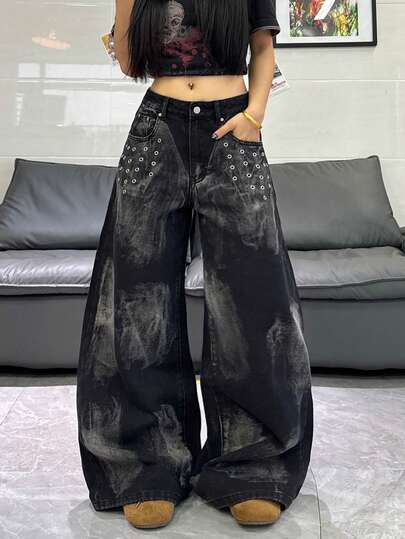 1件女士时尚阔腿牛仔裤，艺术豹纹印花，宽松舒适，百搭街头风，四季皆宜（不含腰带/配饰）