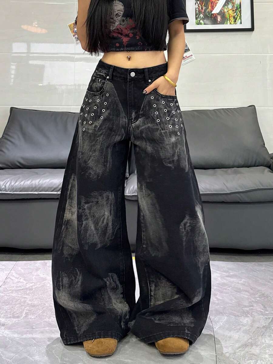 1件女士时尚阔腿牛仔裤，艺术豹纹印花，宽松舒适，百搭街头风，四季皆宜（不含腰带/配饰） - 黑色 - 查看 1