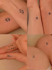 CAT QUEEN ART 临时手指纹身贴纸，简约精致线条心形贴心迷你设计，适用于手指、耳朵、肩膀、脖子、锁骨等部位，DIY、情人节、狂欢节、派对礼物皆宜，天然植物成分，防水，逼真纹身贴纸，可持续1-2周。 - 藍色 - 查看 3