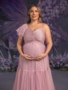 Faeriesty Elegant Maternity Plus Size Soft Pink Asymmetric Neckline Maxi Party Gown For Women | Sheer Mesh & Tulle Fabric With Multi-Layer Flounce , Chest Ruched Detailing For Feminine Dimension, Perfect For Spring Weddings, Mother's Day Celebrations - Mauve Purple - View 6