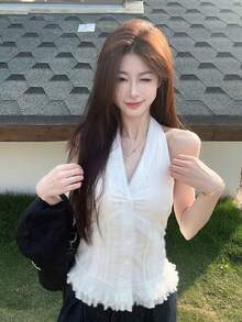 女士无袖吊带衫，法式优雅蕾丝V领吊带背心 - 白色 - 查看 5