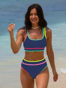 popvil Colorblock Sports Bra & Bikini Set, Summer Vacation - Navy Blue - View 4