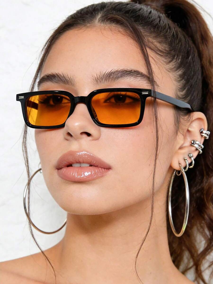 1 PC Women's Retro Fashion Glasses Classic Rectangle Polycarbonate Frame Fashionable Orange And Tea Lens Suitable For Beach Vacation With Glasses Box - 彩色 - 查看 1