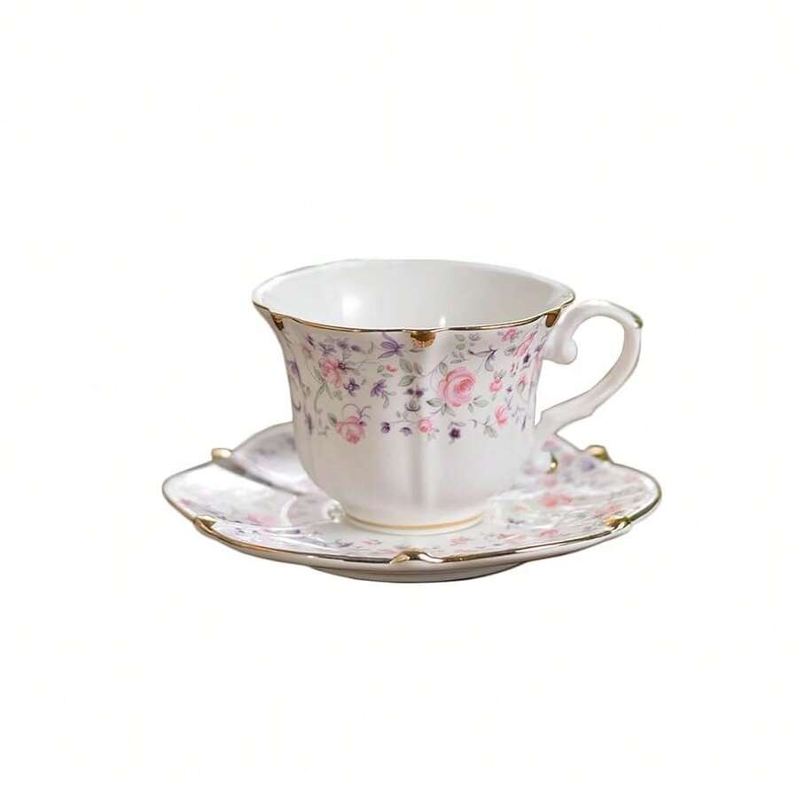 200ML English Porzellan Keramik Kaffeetasse, europäische Art gemusterte Teetasse und Untertasse Set, Retro Luxus Gold getrimmte Nachmittagstee Tasse (Rosa Rosen)-4915 - RosaRosen - Übersicht 1