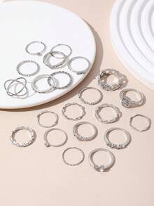 Bộ 21 chiếc nhẫn đính đá sang trọng hình trái tim, sóng, hình học đa dạng, thích hợp cho nữ giới đeo hàng ngày. - Bạc - Xem 3