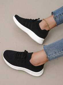 Minimalist Lace Up Decor Knit Running Shoes - màu đen - Xem 7