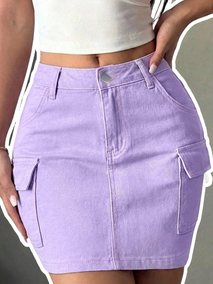 Women Denim Mini Skirt Straight Style Pocket Detail Medium Stretch Elegant Sexy - Purple - View 1
