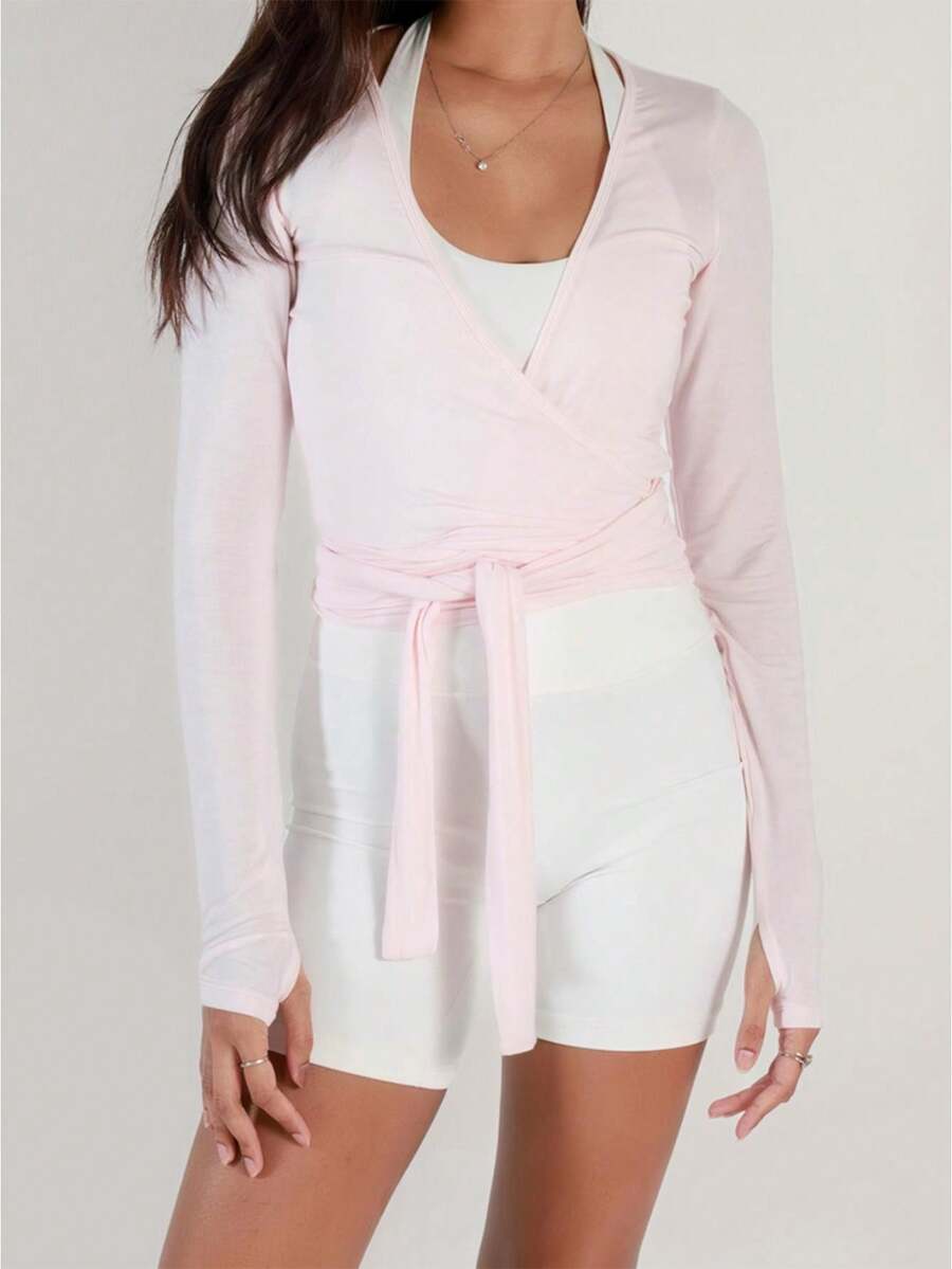 Women's Ballet Wrap Tops V Neck Long Sleeve Slim Fit Self Tie Workout Pilates Yoga Wrap Tops Y2k Dance Shirt - 粉色 - 查看 1