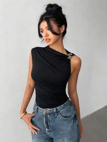 Áo liền thân không tay màu trơn dành cho nữ, có chi tiết nhún bèo và trang trí kim loại, thích hợp cho kỳ nghỉ và đi biển, màu đen thanh lịch. - màu đen - Xem 3