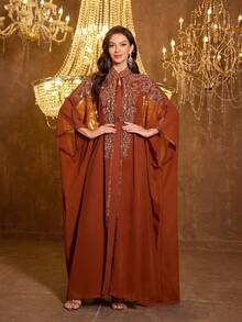 SUPGIR [随机印花] 女士长袖亮片拼接腰带晚礼服 - 橘色 - 查看 4