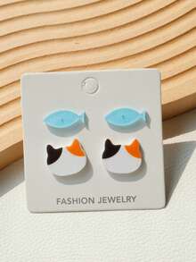 2 Pairs Cute Back To School Cat & Fish Stud Earrings Set, Sweet Girly Earring Jewelry Gift Set - Fish Cat - View 7