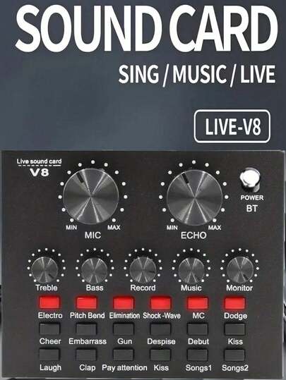 Tarjeta de voz instantánea V8 con múltiples efectos de audio en tiempo real, funciones de mezcla y conversión de voz, con batería de litio recargable incorporada de 300mAh, adecuada para grabación en computadora, karaoke en casa, chat de voz y otros escenarios
