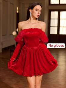 Women's Casual Crew Neck Fuzzy Sleeveless Dress (Gloves Not Included) - Red - View 3