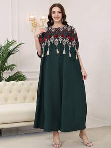 2026 New Style Ramadan Traditional Elegant Embroidered Tassel Abaya Dress, Short Sleeve Green Dress, Graceful And Dignified - Green - View 7