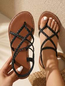 planare 女士黑色编织带平底凉鞋，舒适弹性后跟一脚蹬夏季休闲鞋，轻便交叉带沙滩/度假/日常穿着凉鞋 - 黑色 - 查看 3