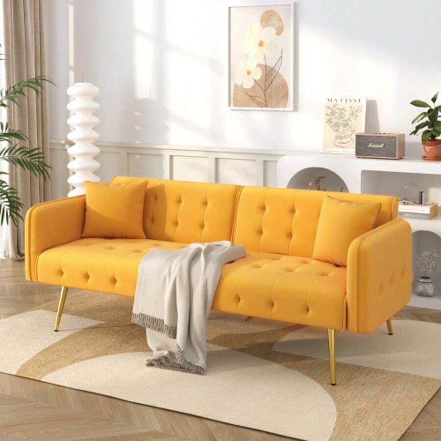 Multifunctional Two-Seater Sofa Bed With Bed Function, Adjustable Backrest, And Multi-Position Armrests. Modern Folding Sofa Bed For Living Room - Velvet Upholstery. Spacious Sleeping Area. - Mustard Yellow - View 1