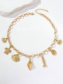 1pc Summer Beach Vacation Style Seashell/Fish/Turtle Multielemental Marine Life Charm Chain Necklace, Suitable For Holiday/Party Wear - Gold - View 4