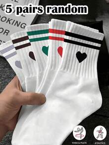 1/5 pares de calcetines de media pantorrilla con diseño a rayas en forma de corazón para mujeres, diseño de bloques de color blanco y verde, cálidos, transpirables, que absorben la humedad, suaves y cómodos, casuales y versátiles, regalo ideal para el Día de San Valentín, adecuados para senderismo, viajes al aire libre, camping, fiestas en otoño/invierno, también excelentes para parejas, regalos de Halloween y Navidad. - Multicolor - Ver 4