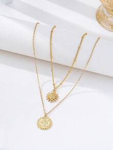 1件双层金属太阳人物吊坠项链 - 金黃色 - 查看 3