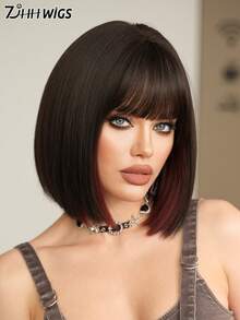 7JHH WIGS Tóc giả bob màu nâu sẫm cho nữ, dài 12 inch, kiểu dáng thanh lịch, pha chút highlight đỏ, ngắn thẳng, có mái, làm từ sợi tổng hợp chịu nhiệt, tóc giả nguyên sợi, thích hợp sử dụng hàng ngày, trong các lễ hội âm nhạc, các buổi tiệc tùng và các dịp đặc biệt như đi dự tiệc. Phụ kiện tóc giả dành cho các bữa tiệc. - Đánh dấu màu đỏ - Xem 5