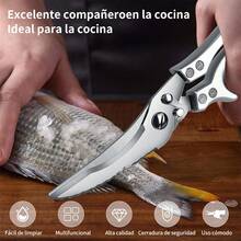 Tijeras de cocina de acero inoxidable de alta resistencia: tijeras profesionales para cocinar y para aves, adecuadas para cortar huesos, pavo, carne, pescado y verduras, 1 par por paquete. - Plateado - Ver 4