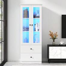Moderne LED-Vitrine weiß matt 165 cm hoch mit USB-Anschluss, 16-Farben-Fernbedienung, Glasvitrine mit 2 Schubladen, Vertikalvitrine mit verstellbaren Fachböden, Vitrine mit Flügeltüren, MDF-Wohnzimmer - Weiss - Übersicht 9
