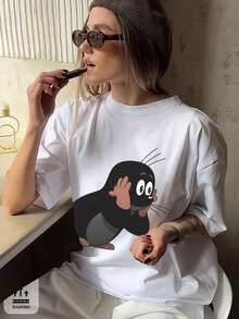 Tricou damă pentru vară și toamnă, din bumbac pur, cu imprimeu animalier tip desen animat, casual sport, croială largă, mărimi mari - alb - Vizualizare 4