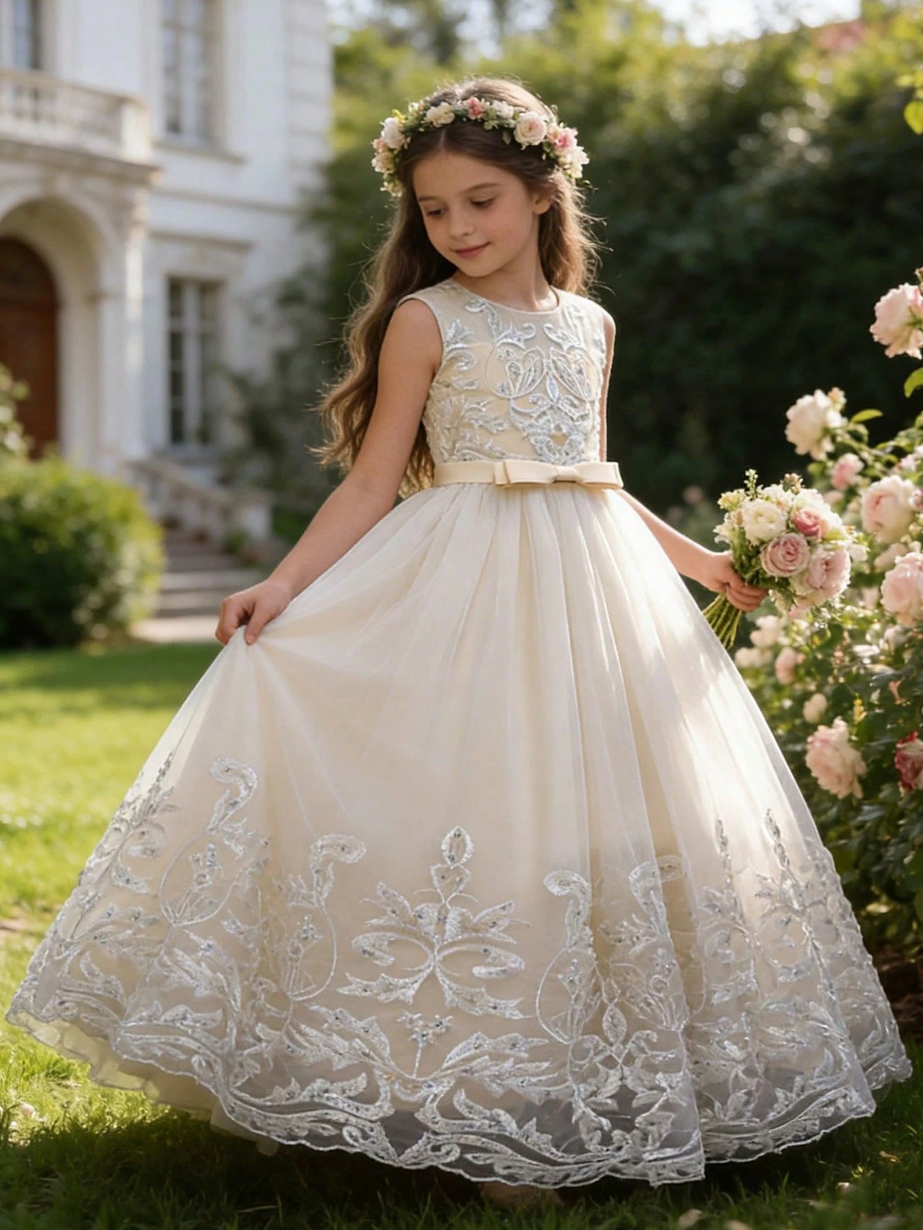Elegant Champagne Lace Long Dress For Girls, Flower Girl Dress For Wedding,