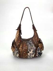 Y2K 个性化豹纹女士摩托车手提包，复古拼接铆钉镶嵌，时尚日常手提包，适合日常使用、聚会、通勤和旅行，是品味高雅的节日时尚礼物。 - 棕色 - 查看 7